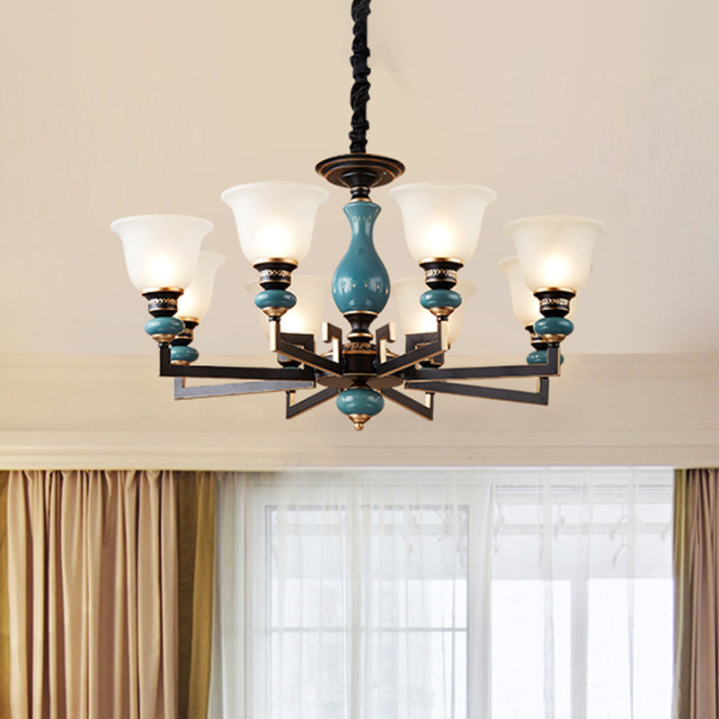 Blue-Black 3/5/6 Heads Pendulum Light Vintage Style Milky Glass Bell Shaped Hanging Chandelier Clearhalo 'Ceiling Lights' 'Chandeliers' Lighting' options 1221044