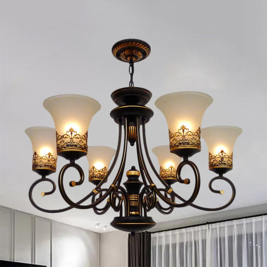 6/8-Light Ceiling Lamp with Bell Shade Cream Glass Traditional Style Guest Room Chandelier Lighting Fixture in Black-Gold Clearhalo 'Ceiling Lights' 'Chandeliers' Lighting' options 1221054