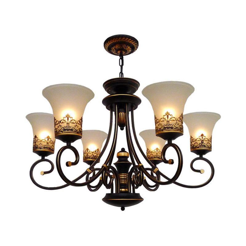 6/8-Light Ceiling Lamp with Bell Shade Cream Glass Traditional Style Guest Room Chandelier Lighting Fixture in Black-Gold Clearhalo 'Ceiling Lights' 'Chandeliers' Lighting' options 1221055