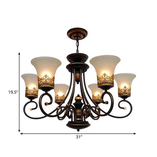 6/8-Light Ceiling Lamp with Bell Shade Cream Glass Traditional Style Guest Room Chandelier Lighting Fixture in Black-Gold Clearhalo 'Ceiling Lights' 'Chandeliers' Lighting' options 1221056