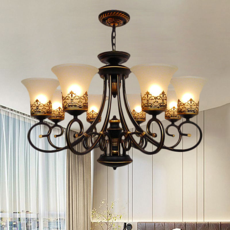 6/8-Light Ceiling Lamp with Bell Shade Cream Glass Traditional Style Guest Room Chandelier Lighting Fixture in Black-Gold 8 Black-Gold Clearhalo 'Ceiling Lights' 'Chandeliers' Lighting' options 1221057_0bf6d7c3-b9d3-4a31-a2e6-3f174278ee29