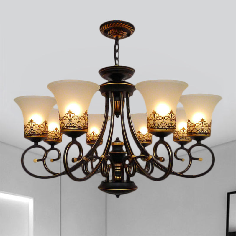 6/8-Light Ceiling Lamp with Bell Shade Cream Glass Traditional Style Guest Room Chandelier Lighting Fixture in Black-Gold Clearhalo 'Ceiling Lights' 'Chandeliers' Lighting' options 1221058