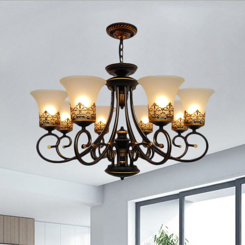 6/8-Light Ceiling Lamp with Bell Shade Cream Glass Traditional Style Guest Room Chandelier Lighting Fixture in Black-Gold Clearhalo 'Ceiling Lights' 'Chandeliers' Lighting' options 1221059