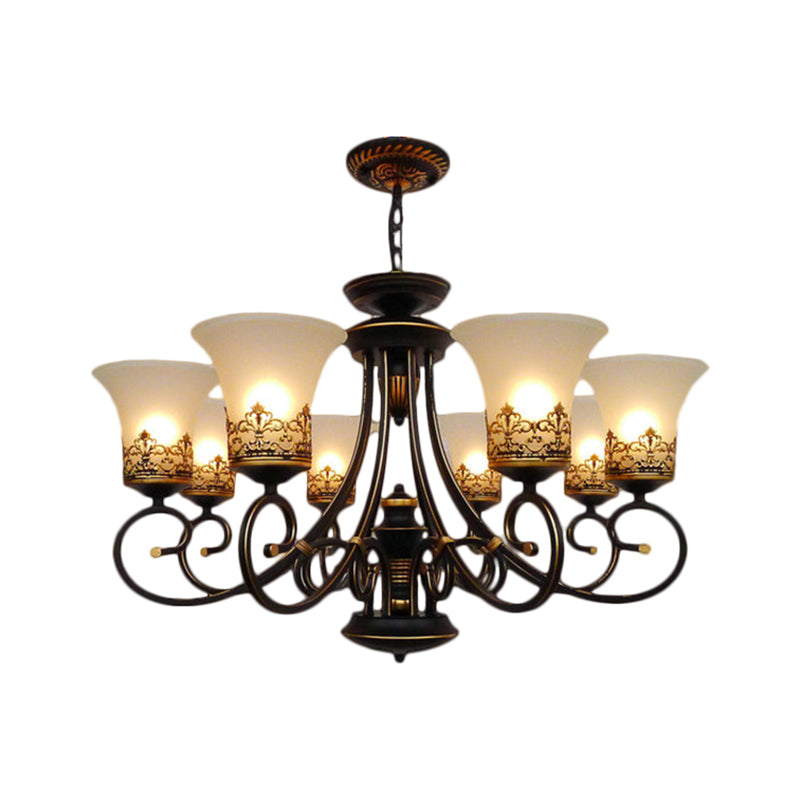 6/8-Light Ceiling Lamp with Bell Shade Cream Glass Traditional Style Guest Room Chandelier Lighting Fixture in Black-Gold Clearhalo 'Ceiling Lights' 'Chandeliers' Lighting' options 1221060