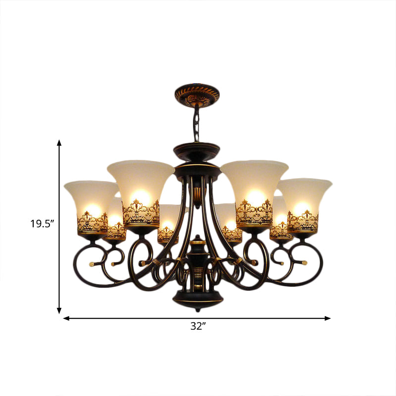 6/8-Light Ceiling Lamp with Bell Shade Cream Glass Traditional Style Guest Room Chandelier Lighting Fixture in Black-Gold Clearhalo 'Ceiling Lights' 'Chandeliers' Lighting' options 1221061