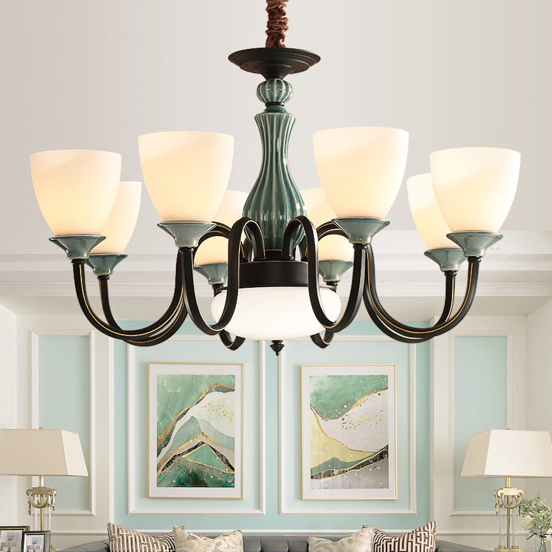 Green-Black Flared Shade Ceiling Chandelier Vintage Style Opal Glass 6/8-Head Dining Room Suspension Lamp Clearhalo 'Ceiling Lights' 'Chandeliers' Lighting' options 1221152