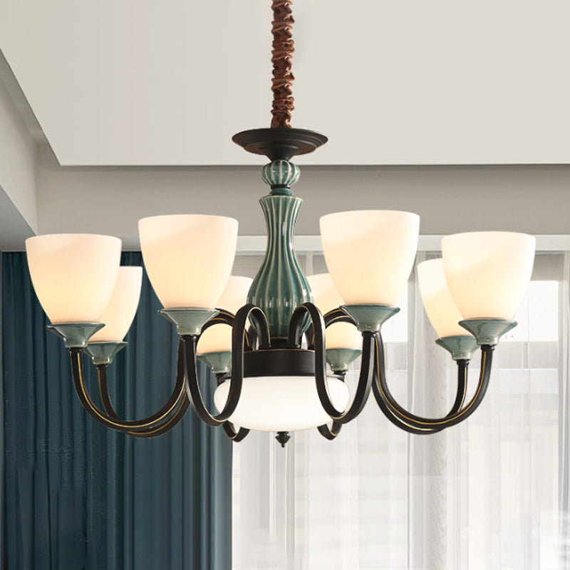 Green-Black Flared Shade Ceiling Chandelier Vintage Style Opal Glass 6/8-Head Dining Room Suspension Lamp Clearhalo 'Ceiling Lights' 'Chandeliers' Lighting' options 1221153