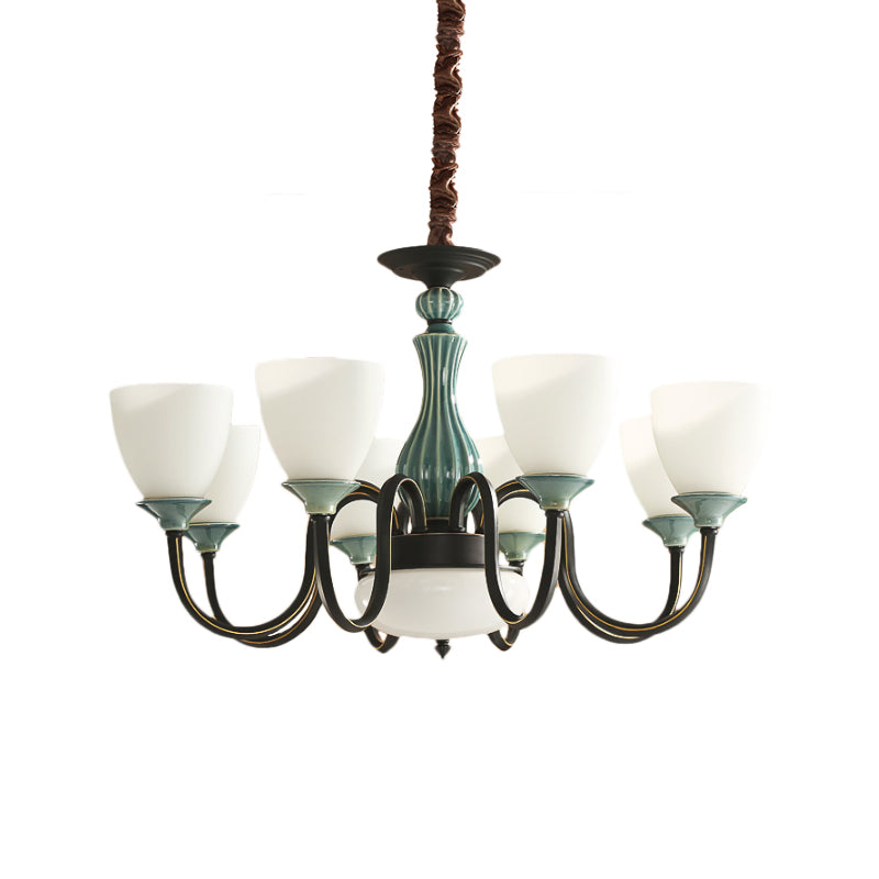 Green-Black Flared Shade Ceiling Chandelier Vintage Style Opal Glass 6/8-Head Dining Room Suspension Lamp Clearhalo 'Ceiling Lights' 'Chandeliers' Lighting' options 1221154