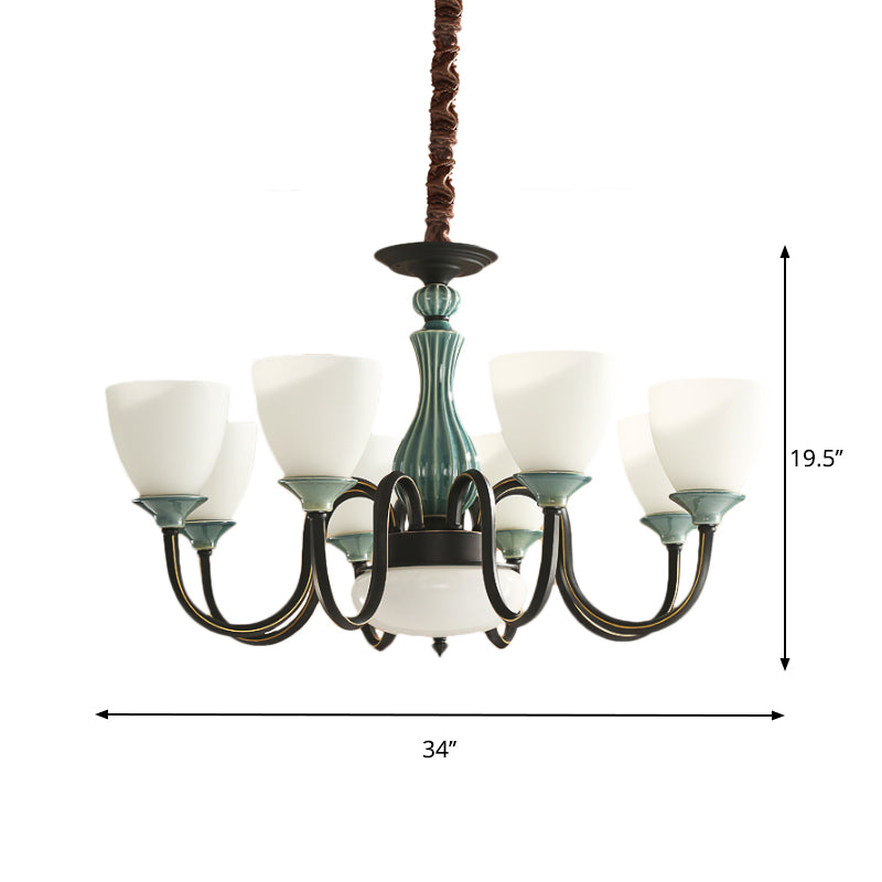 Green-Black Flared Shade Ceiling Chandelier Vintage Style Opal Glass 6/8-Head Dining Room Suspension Lamp Clearhalo 'Ceiling Lights' 'Chandeliers' Lighting' options 1221155