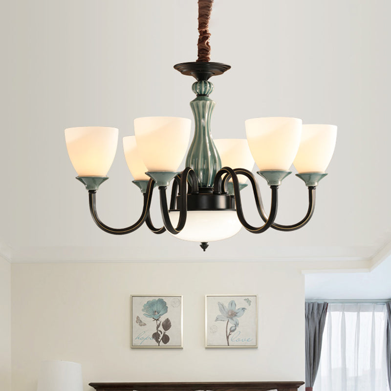 Green-Black Flared Shade Ceiling Chandelier Vintage Style Opal Glass 6/8-Head Dining Room Suspension Lamp Clearhalo 'Ceiling Lights' 'Chandeliers' Lighting' options 1221156