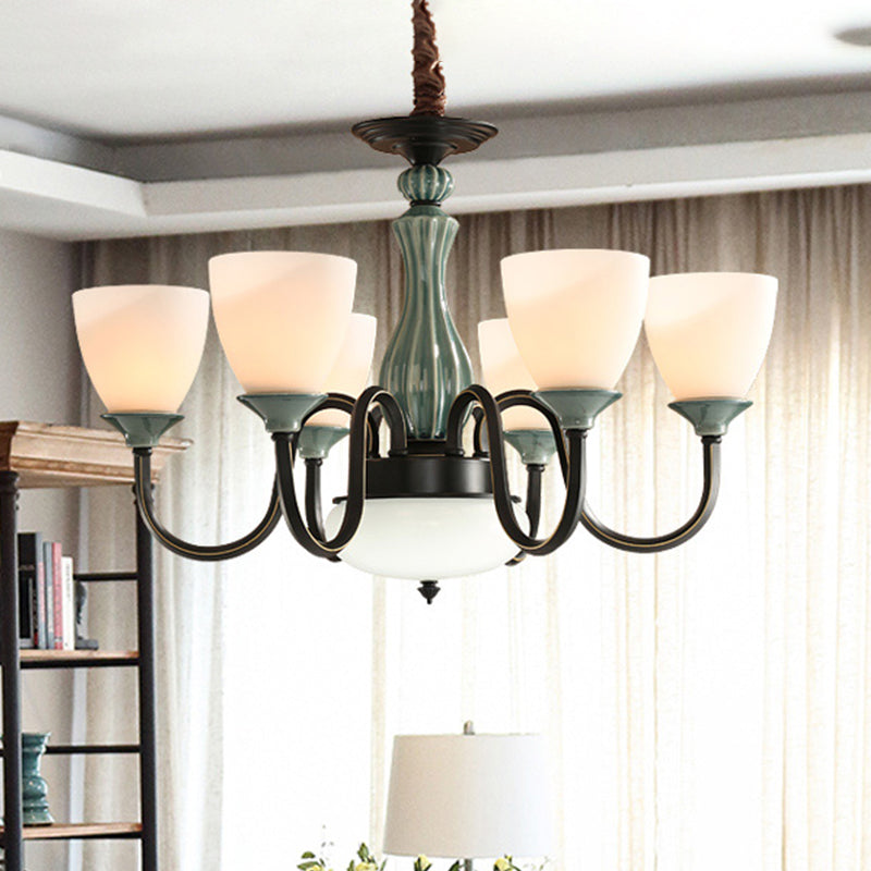 Green-Black Flared Shade Ceiling Chandelier Vintage Style Opal Glass 6/8-Head Dining Room Suspension Lamp Clearhalo 'Ceiling Lights' 'Chandeliers' Lighting' options 1221158