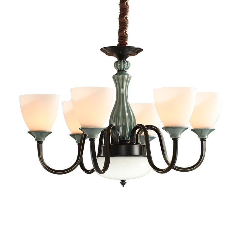 Green-Black Flared Shade Ceiling Chandelier Vintage Style Opal Glass 6/8-Head Dining Room Suspension Lamp Clearhalo 'Ceiling Lights' 'Chandeliers' Lighting' options 1221159