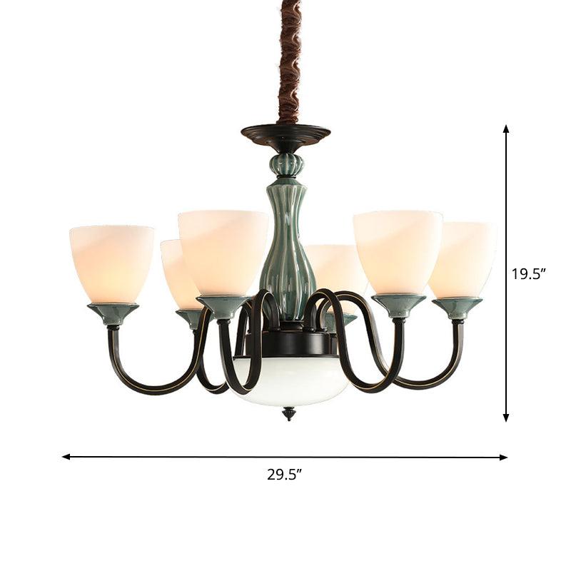 Green-Black Flared Shade Ceiling Chandelier Vintage Style Opal Glass 6/8-Head Dining Room Suspension Lamp Clearhalo 'Ceiling Lights' 'Chandeliers' Lighting' options 1221160