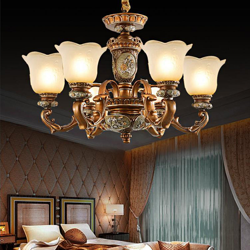 Cream Glass Brown Chandelier Lighting Fixture Floral Shade 6/8-Light Antiqued Suspension Pendant 6 Brown Clearhalo 'Ceiling Lights' 'Chandeliers' Lighting' options 1221161_b93d0589-28e6-4c49-b73a-918d464d7cb8