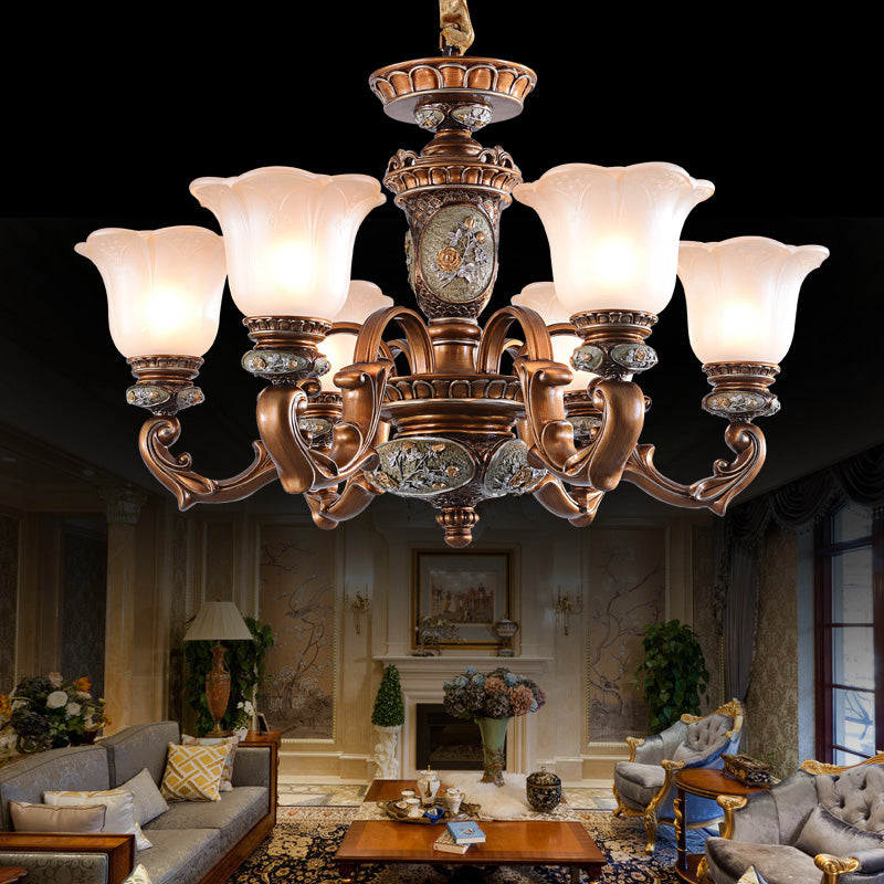 Cream Glass Brown Chandelier Lighting Fixture Floral Shade 6/8-Light Antiqued Suspension Pendant Clearhalo 'Ceiling Lights' 'Chandeliers' Lighting' options 1221162