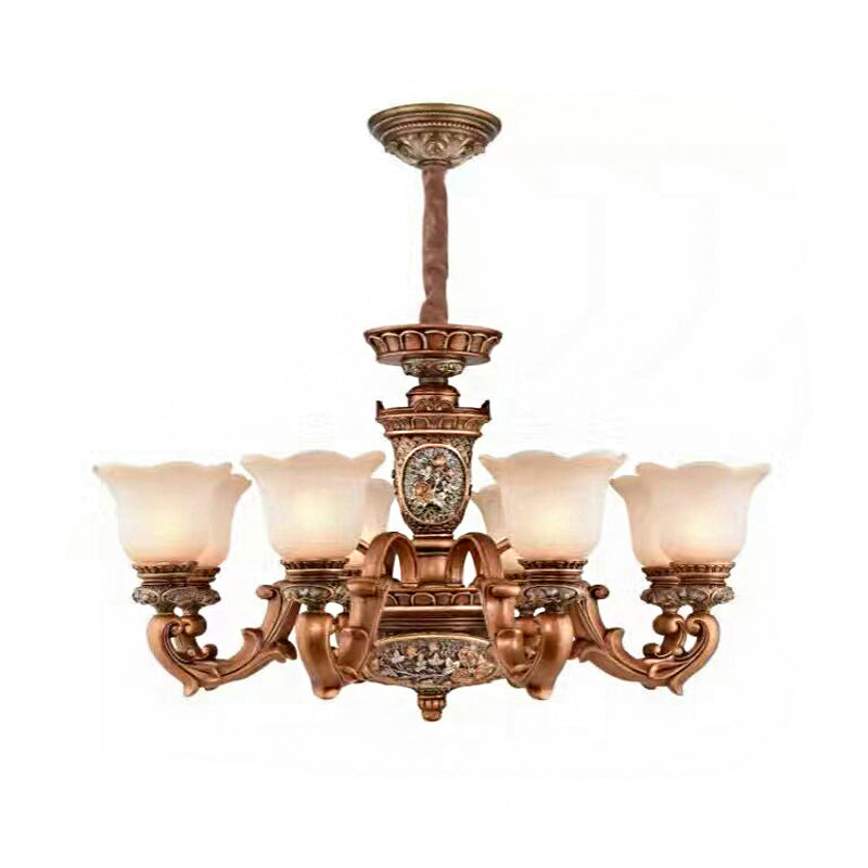 Cream Glass Brown Chandelier Lighting Fixture Floral Shade 6/8-Light Antiqued Suspension Pendant Clearhalo 'Ceiling Lights' 'Chandeliers' Lighting' options 1221163