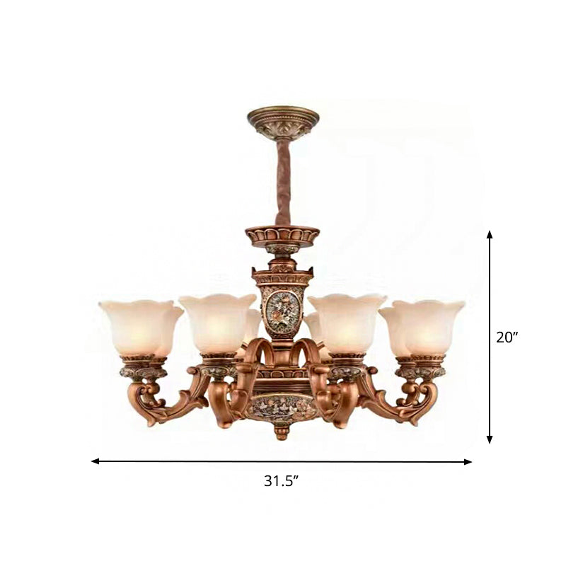 Cream Glass Brown Chandelier Lighting Fixture Floral Shade 6/8-Light Antiqued Suspension Pendant Clearhalo 'Ceiling Lights' 'Chandeliers' Lighting' options 1221164