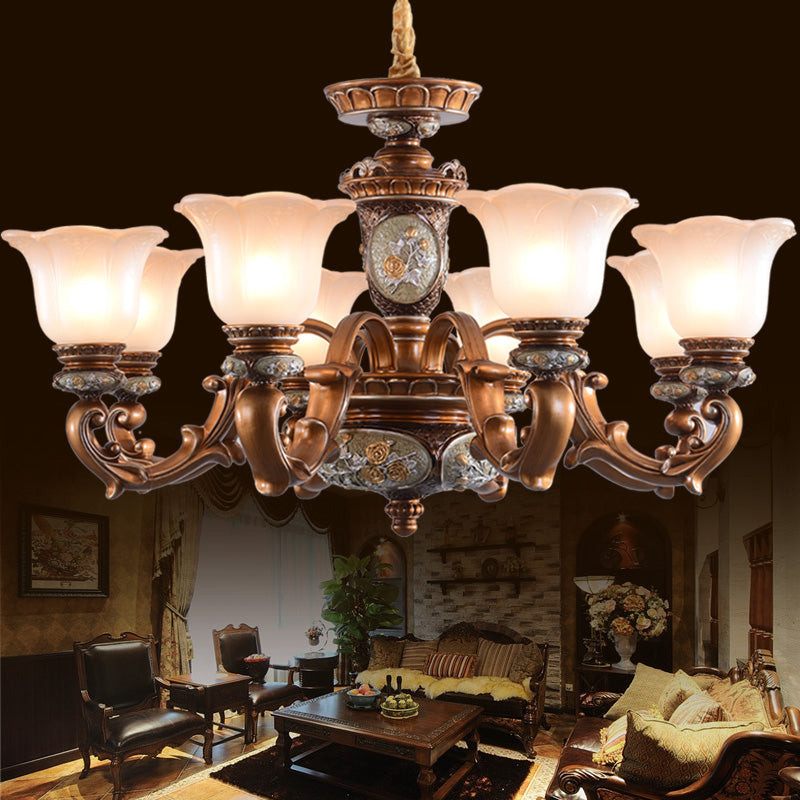 Cream Glass Brown Chandelier Lighting Fixture Floral Shade 6/8-Light Antiqued Suspension Pendant Clearhalo 'Ceiling Lights' 'Chandeliers' Lighting' options 1221165