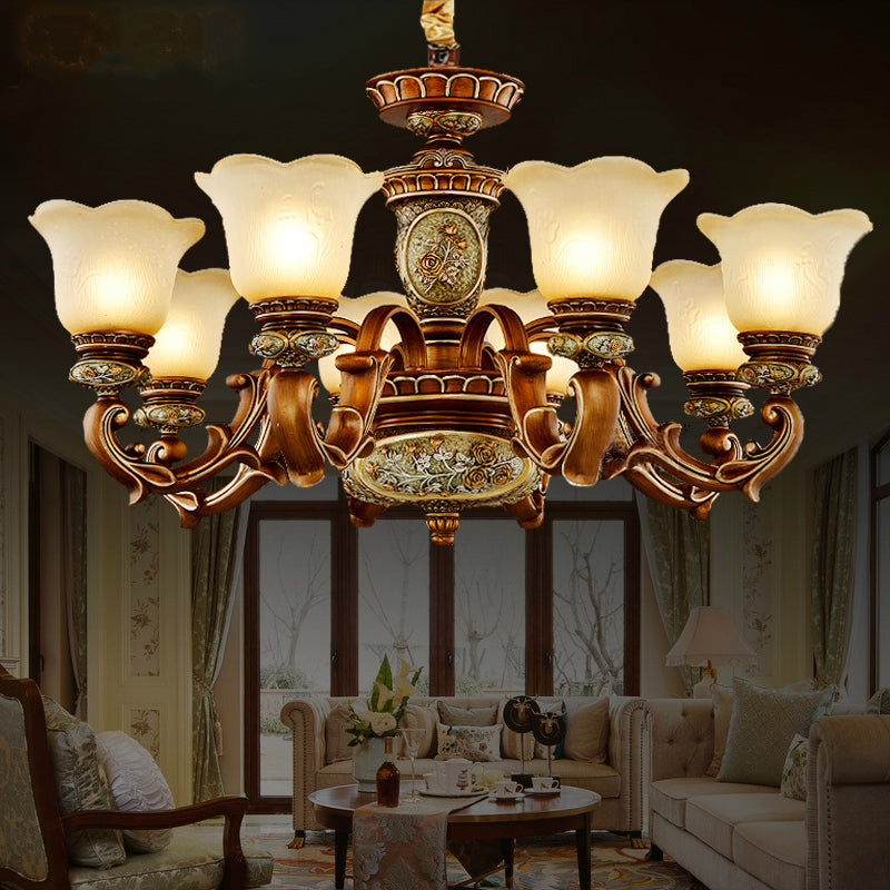 Cream Glass Brown Chandelier Lighting Fixture Floral Shade 6/8-Light Antiqued Suspension Pendant Clearhalo 'Ceiling Lights' 'Chandeliers' Lighting' options 1221166