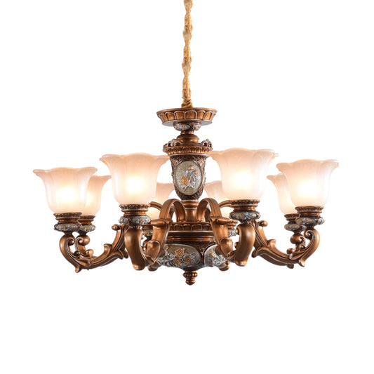 Cream Glass Brown Chandelier Lighting Fixture Floral Shade 6/8-Light Antiqued Suspension Pendant Clearhalo 'Ceiling Lights' 'Chandeliers' Lighting' options 1221167