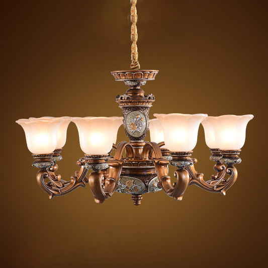 Cream Glass Brown Chandelier Lighting Fixture Floral Shade 6/8-Light Antiqued Suspension Pendant Clearhalo 'Ceiling Lights' 'Chandeliers' Lighting' options 1221168