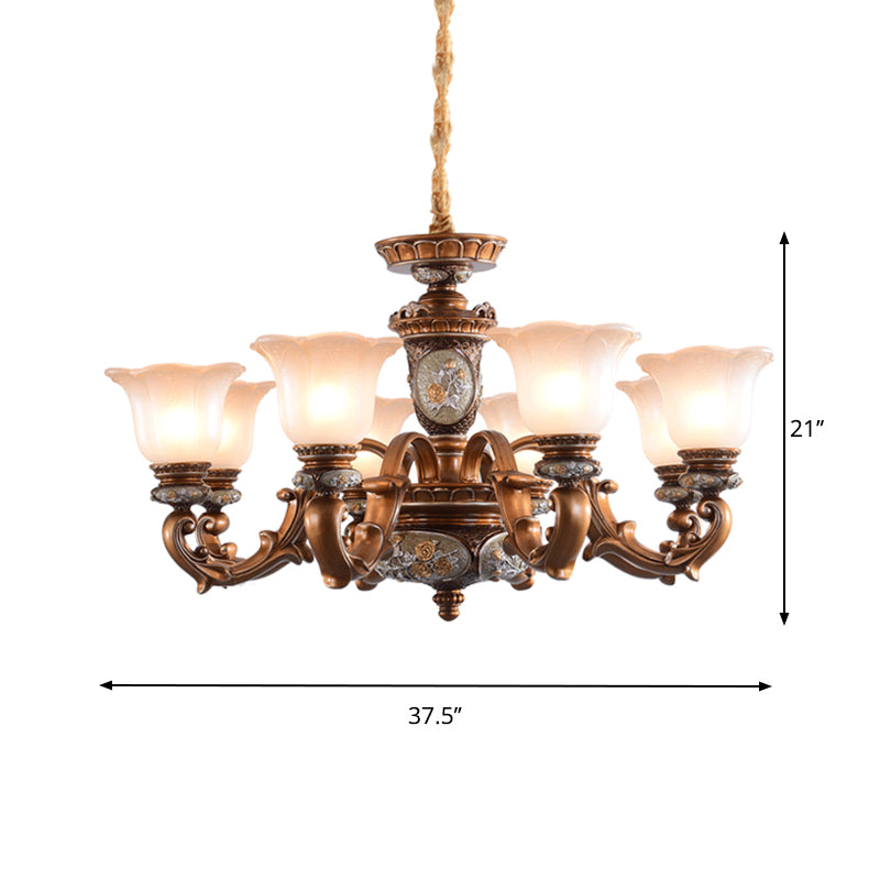 Cream Glass Brown Chandelier Lighting Fixture Floral Shade 6/8-Light Antiqued Suspension Pendant Clearhalo 'Ceiling Lights' 'Chandeliers' Lighting' options 1221169