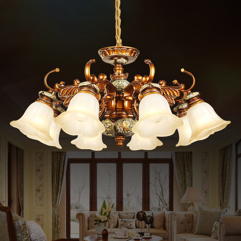 6/8 Bulbs Hanging Chandelier with Floral Shade Milky Glass Vintage Style Guest Room Ceiling Hang Fixture in Brown 8 Brown Clearhalo 'Ceiling Lights' 'Chandeliers' Lighting' options 1221177_906f93a2-a1bf-4503-9005-d4544f3b7ab4