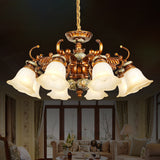 6/8 Bulbs Hanging Chandelier with Floral Shade Milky Glass Vintage Style Guest Room Ceiling Hang Fixture in Brown Clearhalo 'Ceiling Lights' 'Chandeliers' Lighting' options 1221177