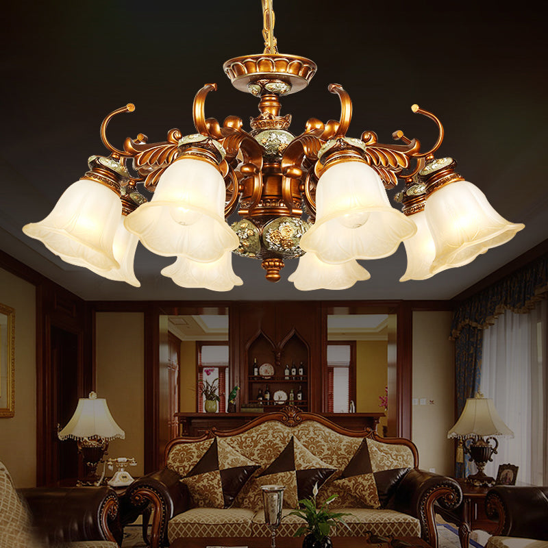 6/8 Bulbs Hanging Chandelier with Floral Shade Milky Glass Vintage Style Guest Room Ceiling Hang Fixture in Brown Clearhalo 'Ceiling Lights' 'Chandeliers' Lighting' options 1221178