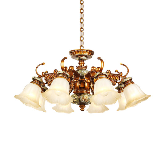 6/8 Bulbs Hanging Chandelier with Floral Shade Milky Glass Vintage Style Guest Room Ceiling Hang Fixture in Brown Clearhalo 'Ceiling Lights' 'Chandeliers' Lighting' options 1221179