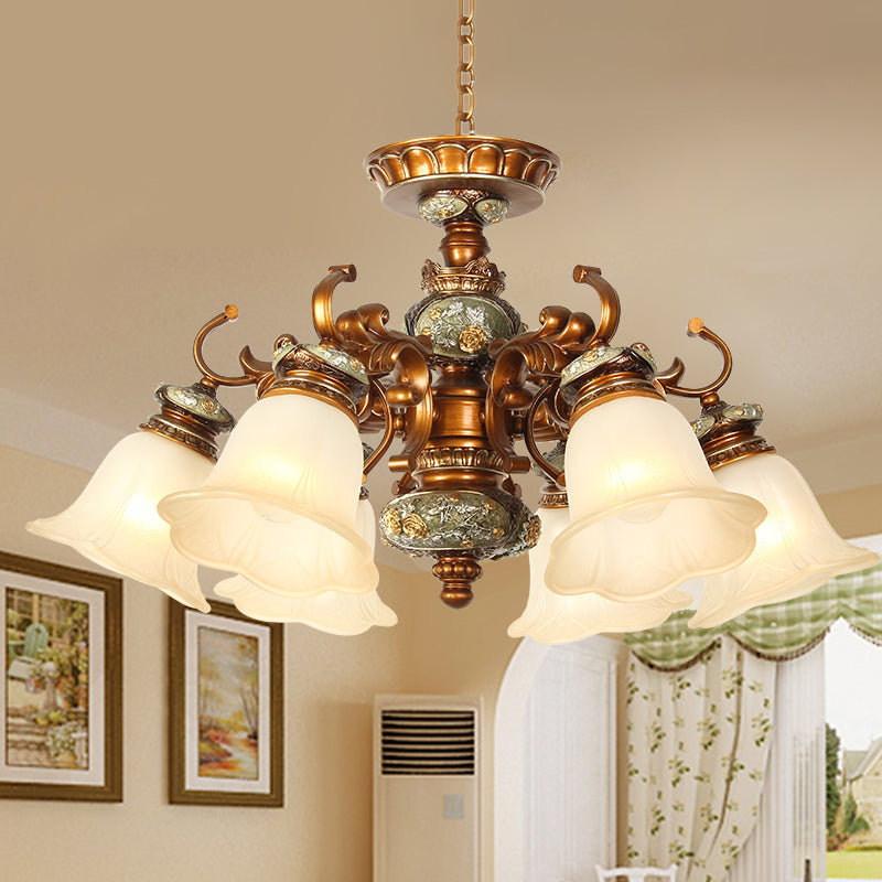 6/8 Bulbs Hanging Chandelier with Floral Shade Milky Glass Vintage Style Guest Room Ceiling Hang Fixture in Brown Clearhalo 'Ceiling Lights' 'Chandeliers' Lighting' options 1221181