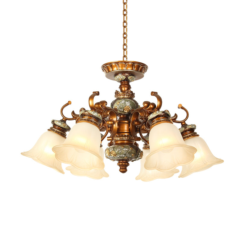 6/8 Bulbs Hanging Chandelier with Floral Shade Milky Glass Vintage Style Guest Room Ceiling Hang Fixture in Brown Clearhalo 'Ceiling Lights' 'Chandeliers' Lighting' options 1221183