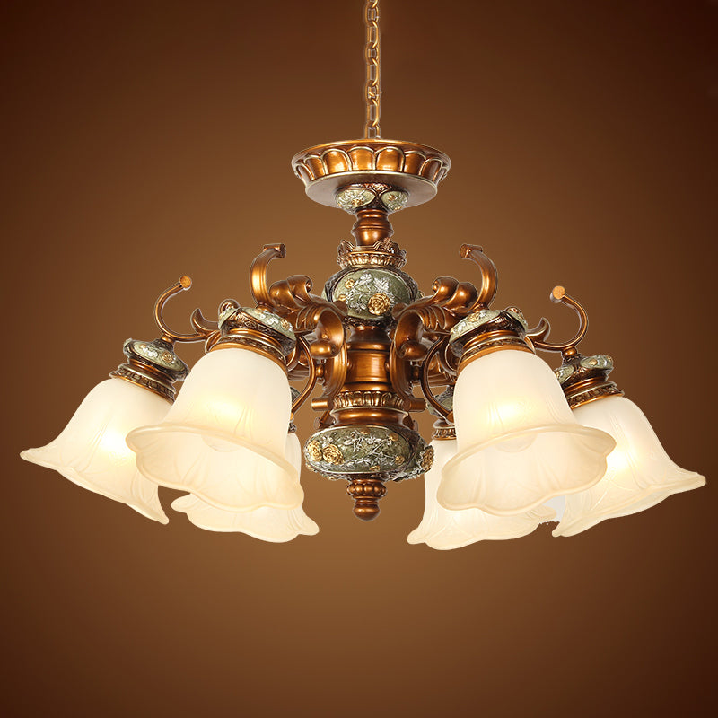 6/8 Bulbs Hanging Chandelier with Floral Shade Milky Glass Vintage Style Guest Room Ceiling Hang Fixture in Brown Clearhalo 'Ceiling Lights' 'Chandeliers' Lighting' options 1221184