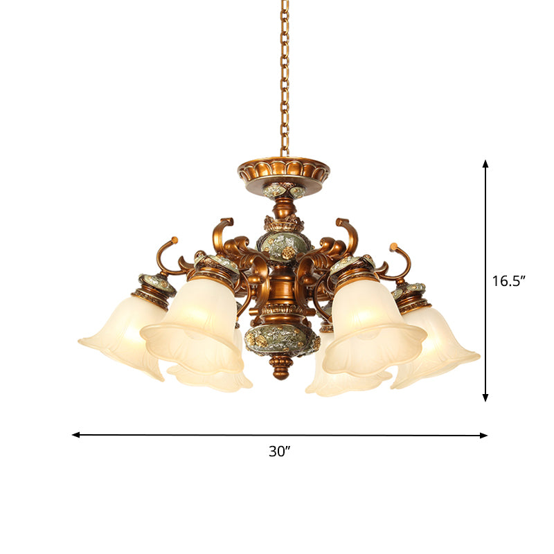 6/8 Bulbs Hanging Chandelier with Floral Shade Milky Glass Vintage Style Guest Room Ceiling Hang Fixture in Brown Clearhalo 'Ceiling Lights' 'Chandeliers' Lighting' options 1221185