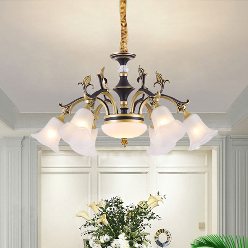 Metallic Black-Gold Suspended Lighting Fixture Curvy Arm 6/8-Light Traditional Style Chandelier with Flower Glass Shade Clearhalo 'Ceiling Lights' 'Chandeliers' Lighting' options 1221187