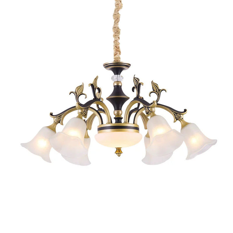 Metallic Black-Gold Suspended Lighting Fixture Curvy Arm 6/8-Light Traditional Style Chandelier with Flower Glass Shade Clearhalo 'Ceiling Lights' 'Chandeliers' Lighting' options 1221188