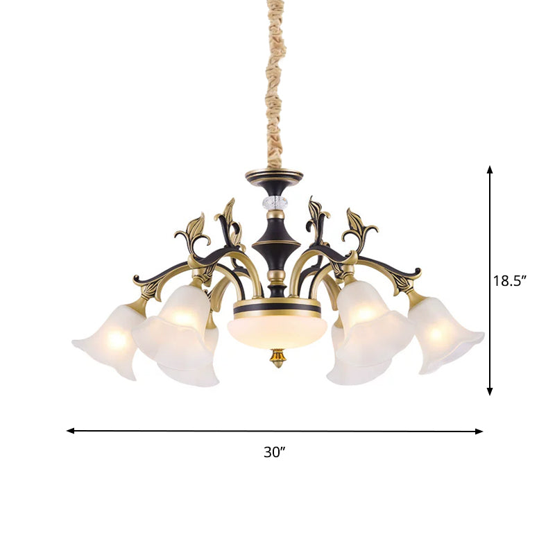 Metallic Black-Gold Suspended Lighting Fixture Curvy Arm 6/8-Light Traditional Style Chandelier with Flower Glass Shade Clearhalo 'Ceiling Lights' 'Chandeliers' Lighting' options 1221189