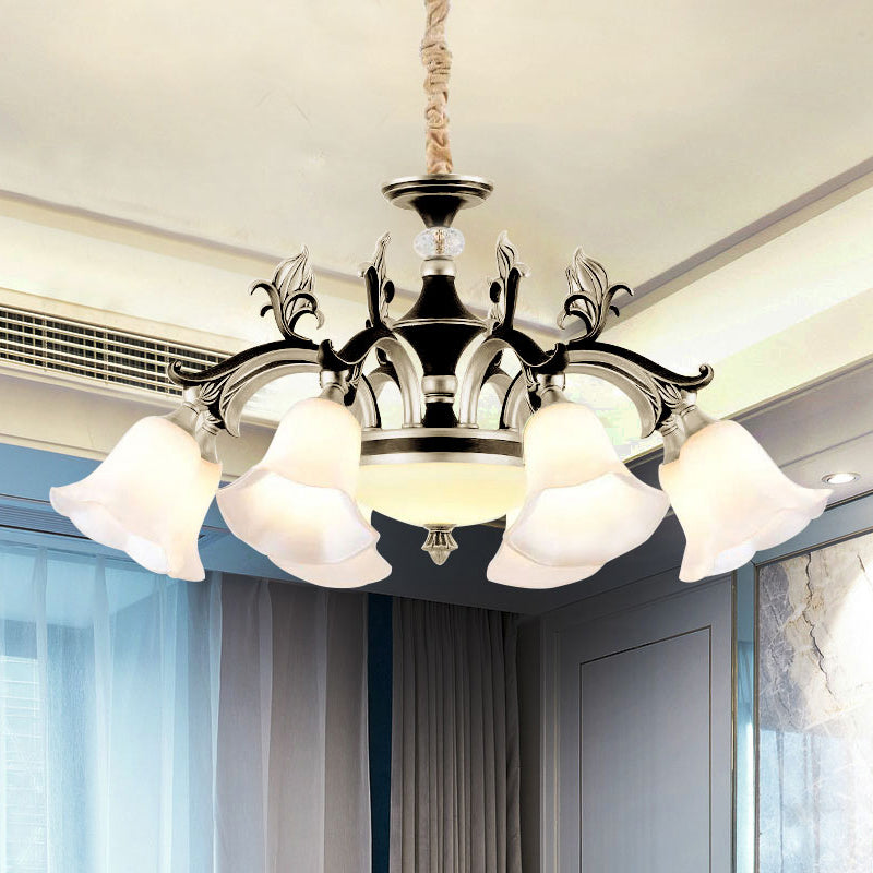 Metallic Black-Gold Suspended Lighting Fixture Curvy Arm 6/8-Light Traditional Style Chandelier with Flower Glass Shade 8 Black-Gold Clearhalo 'Ceiling Lights' 'Chandeliers' Lighting' options 1221190_0d51311a-e96c-4cab-9d92-ceffad119999