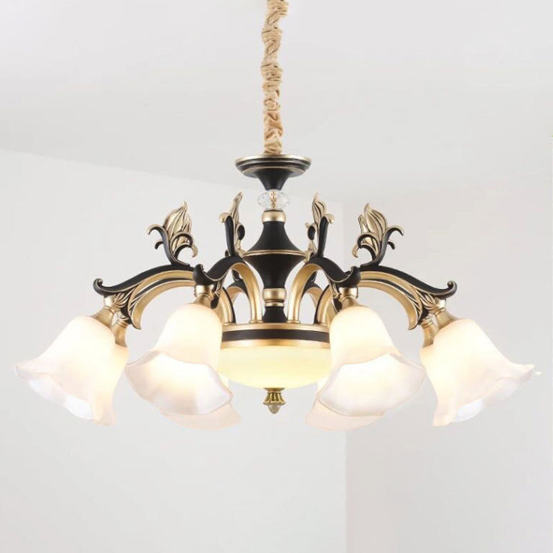 Metallic Black-Gold Suspended Lighting Fixture Curvy Arm 6/8-Light Traditional Style Chandelier with Flower Glass Shade Clearhalo 'Ceiling Lights' 'Chandeliers' Lighting' options 1221192