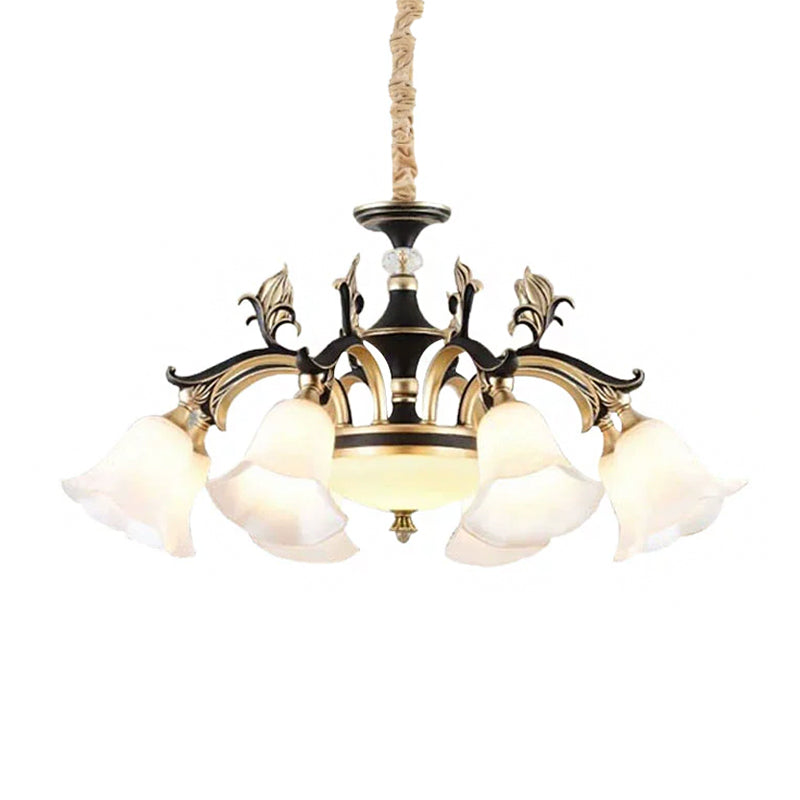 Metallic Black-Gold Suspended Lighting Fixture Curvy Arm 6/8-Light Traditional Style Chandelier with Flower Glass Shade Clearhalo 'Ceiling Lights' 'Chandeliers' Lighting' options 1221193