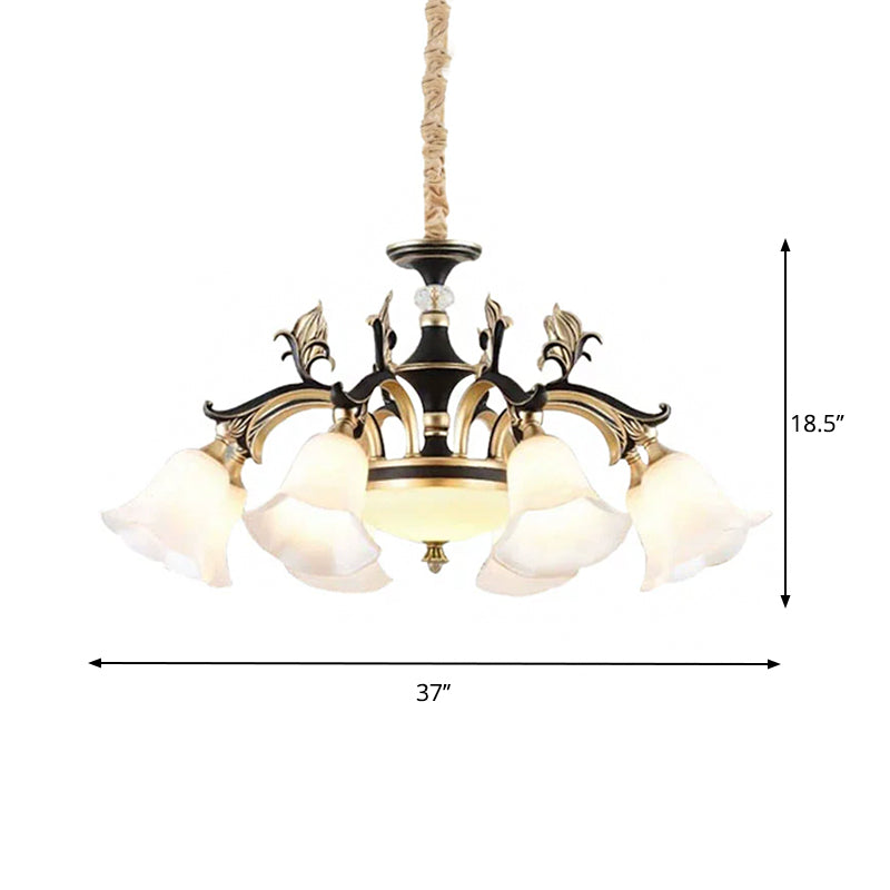 Metallic Black-Gold Suspended Lighting Fixture Curvy Arm 6/8-Light Traditional Style Chandelier with Flower Glass Shade Clearhalo 'Ceiling Lights' 'Chandeliers' Lighting' options 1221194