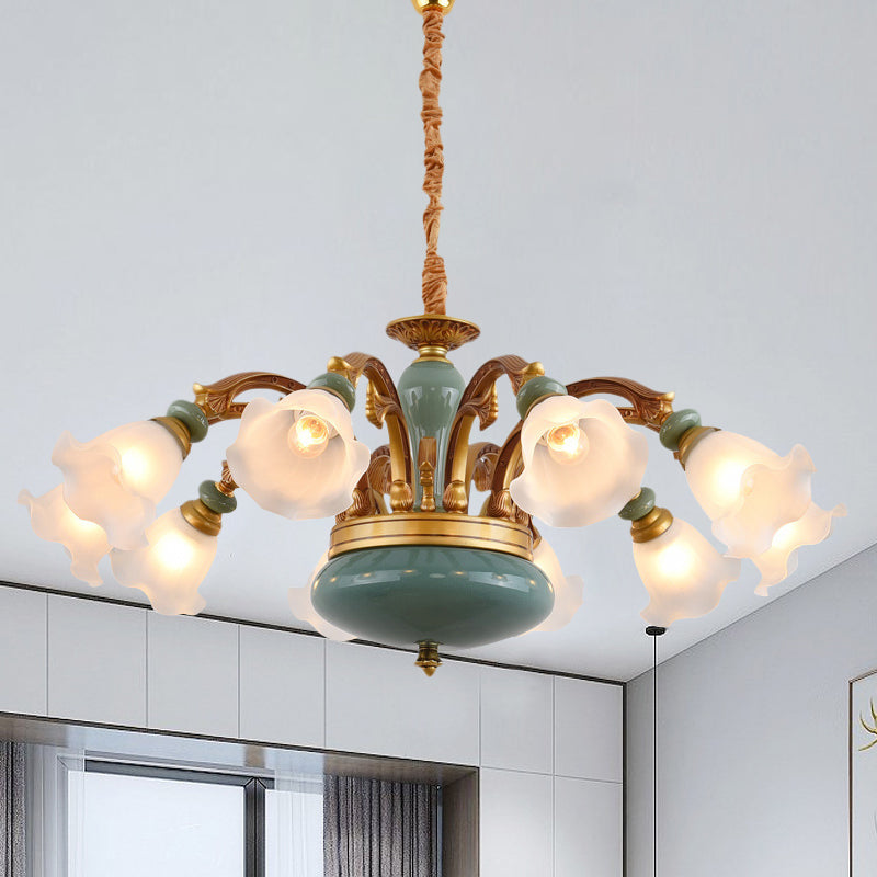 Gold 6/8/10-Bulb Ceiling Suspension Lamp Retro Style Cream Glass Blossom Shaped Chandelier Lighting Clearhalo 'Ceiling Lights' 'Chandeliers' Lighting' options 1221195