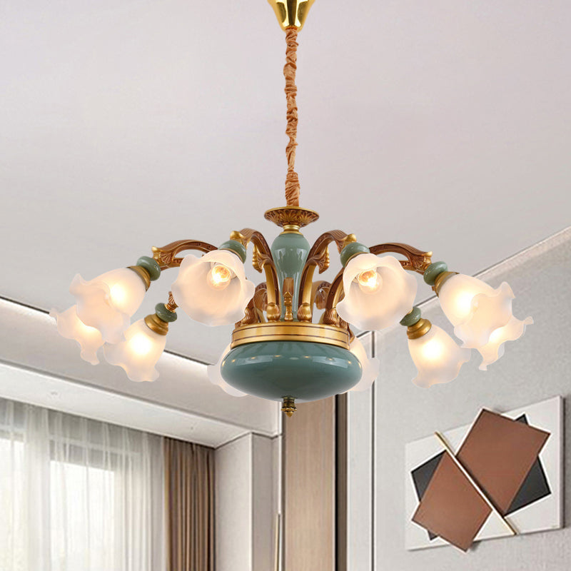 Gold 6/8/10-Bulb Ceiling Suspension Lamp Retro Style Cream Glass Blossom Shaped Chandelier Lighting Clearhalo 'Ceiling Lights' 'Chandeliers' Lighting' options 1221196