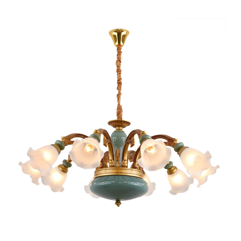 Gold 6/8/10-Bulb Ceiling Suspension Lamp Retro Style Cream Glass Blossom Shaped Chandelier Lighting Clearhalo 'Ceiling Lights' 'Chandeliers' Lighting' options 1221197