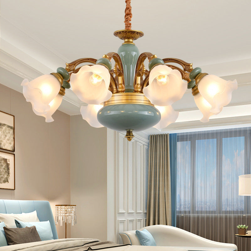 Gold 6/8/10-Bulb Ceiling Suspension Lamp Retro Style Cream Glass Blossom Shaped Chandelier Lighting 8 Gold Clearhalo 'Ceiling Lights' 'Chandeliers' Lighting' options 1221199_c4ffb751-6a37-4d0f-b21d-9eba0e0fb9ae