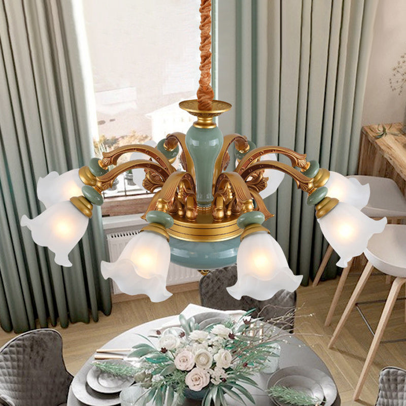 Gold 6/8/10-Bulb Ceiling Suspension Lamp Retro Style Cream Glass Blossom Shaped Chandelier Lighting Clearhalo 'Ceiling Lights' 'Chandeliers' Lighting' options 1221200