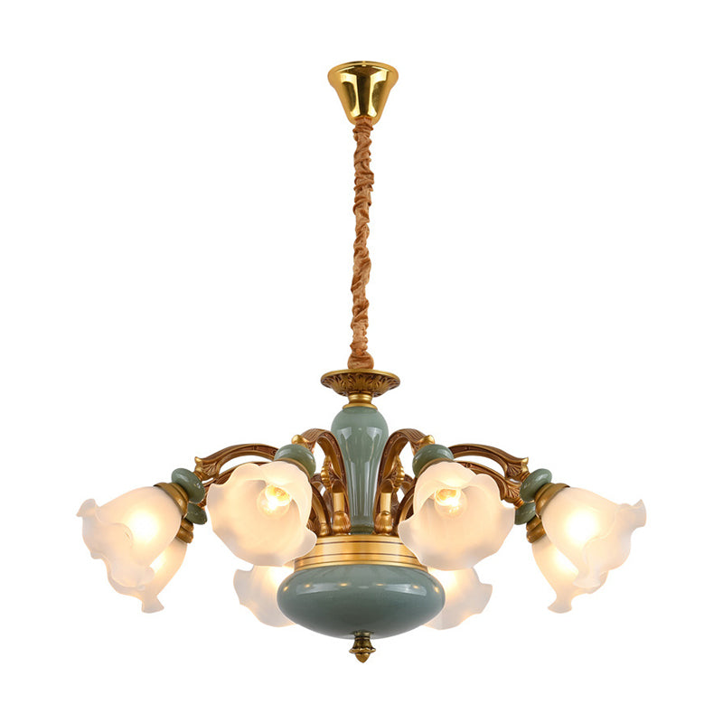 Gold 6/8/10-Bulb Ceiling Suspension Lamp Retro Style Cream Glass Blossom Shaped Chandelier Lighting Clearhalo 'Ceiling Lights' 'Chandeliers' Lighting' options 1221201