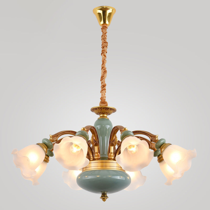 Gold 6/8/10-Bulb Ceiling Suspension Lamp Retro Style Cream Glass Blossom Shaped Chandelier Lighting Clearhalo 'Ceiling Lights' 'Chandeliers' Lighting' options 1221202