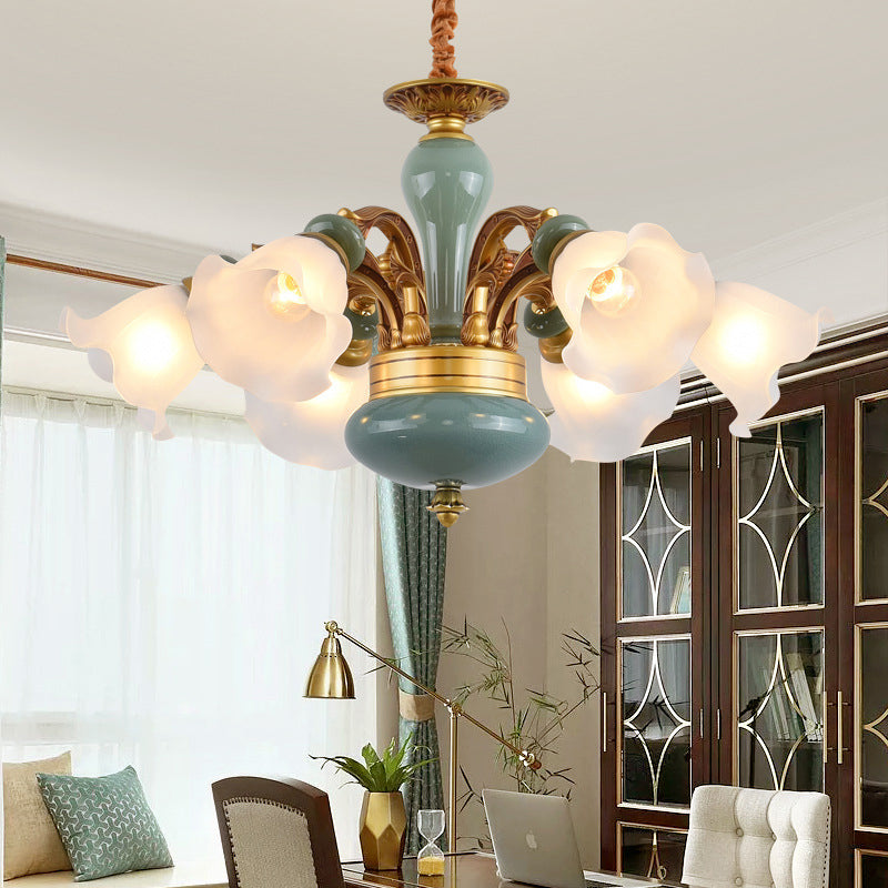 Gold 6/8/10-Bulb Ceiling Suspension Lamp Retro Style Cream Glass Blossom Shaped Chandelier Lighting Clearhalo 'Ceiling Lights' 'Chandeliers' Lighting' options 1221204