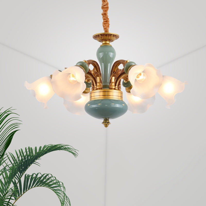 Gold 6/8/10-Bulb Ceiling Suspension Lamp Retro Style Cream Glass Blossom Shaped Chandelier Lighting Clearhalo 'Ceiling Lights' 'Chandeliers' Lighting' options 1221205